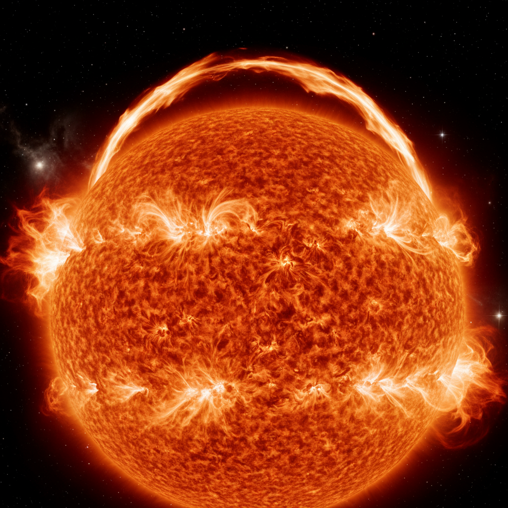 A detailed and photorealistic close-up view of the Sun's surface, showing swirling patterns of fiery plasma, solar flares erupting, and sunspots visible, against the dark backdrop of space.