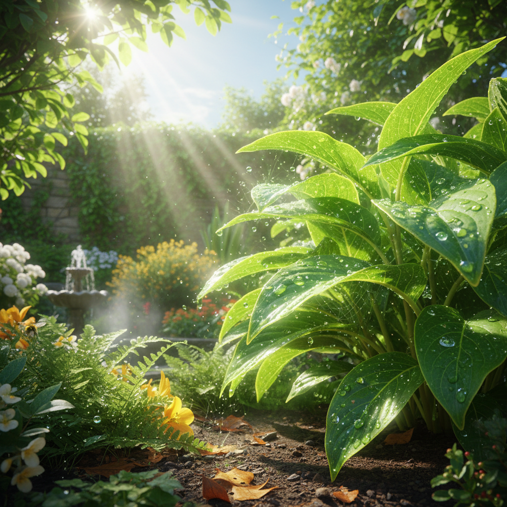 A vibrant and photorealistic scene of lush green plants in a garden, with bright sunlight filtering through leaves, showcasing the process of photosynthesis, perhaps with subtle glowing effects on the leaves.