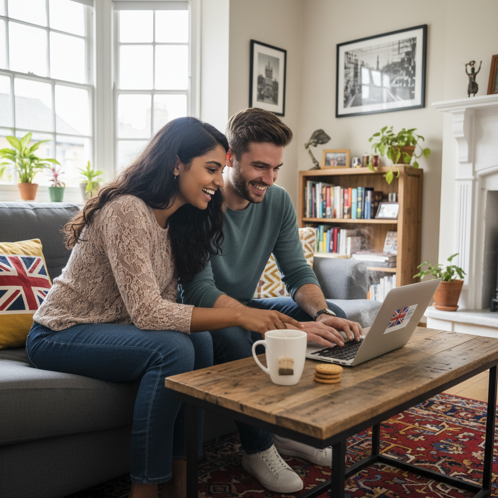 A diverse young expat couple happily opening a UK bank account on a laptop in their new, cozy British apartment, with a cup of tea on the table. The scene is bright and optimistic, showcasing ease and convenience.