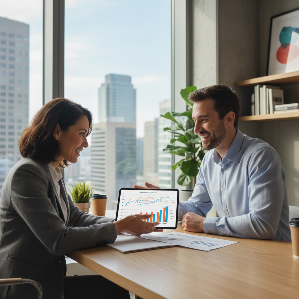 A professional, friendly financial advisor, perhaps a diverse woman in her 40s, engaging in a one-on-one consultation with a smiling expat individual in a bright, modern office. They are looking at a tablet displaying financial data, with charts and graphs.