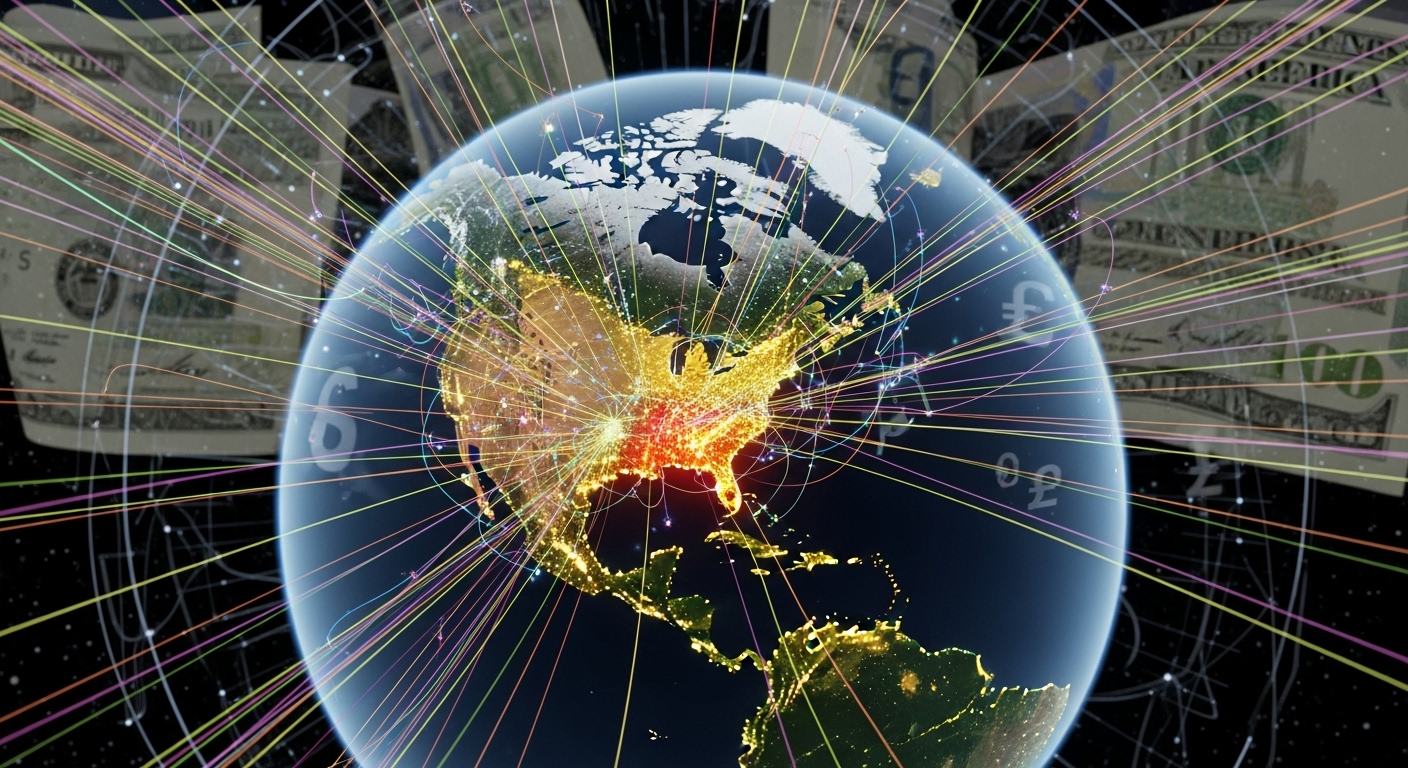 A digital illustration showing a globe with the US and UK highlighted, interconnected by lines representing tax flows and overlapping currencies, symbolizing the complexity of international taxation for expats.