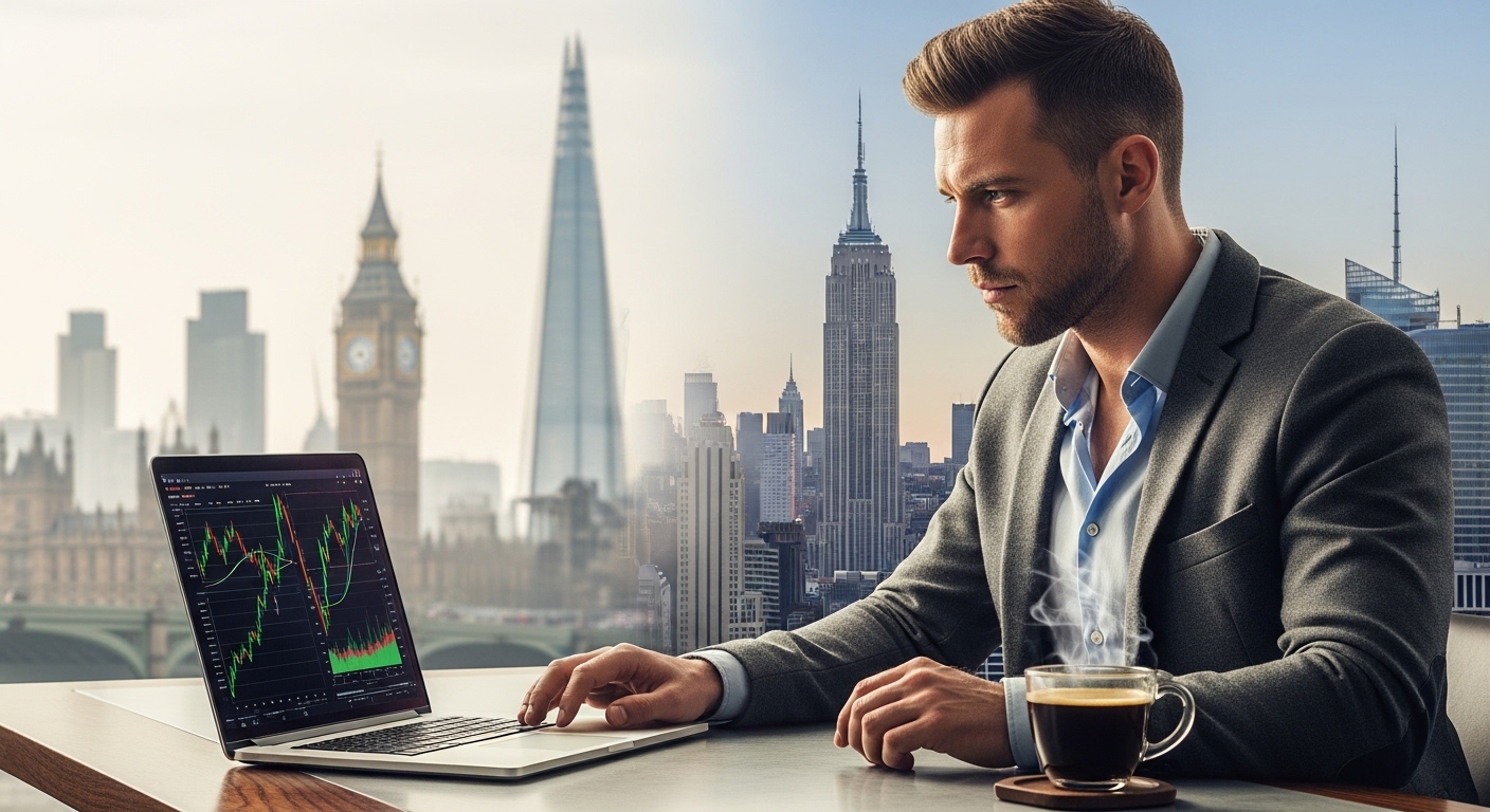 A confident expat sitting at a desk, looking at a laptop with financial charts, a cup of coffee nearby, and a subtle background showing a mix of London and New York skylines, symbolizing successful financial management across borders.