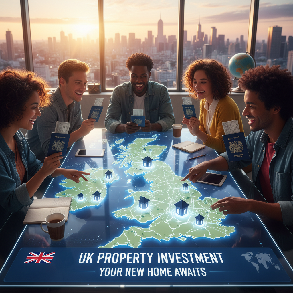 A diverse group of people, some holding UK passports, happily looking at a digital map of the UK with house icons, symbolizing expats planning to buy property in the UK. The scene should be bright and optimistic, showcasing global connectivity.