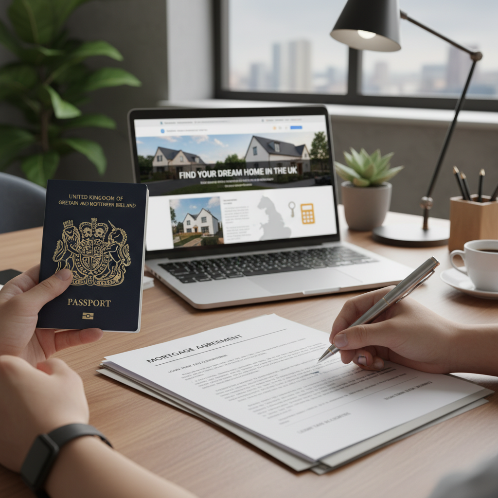 A close-up shot of hands, one holding a UK passport and the other signing mortgage documents on a desk with a laptop displaying a UK property website in the background. The setting is modern and professional, implying a successful application process.