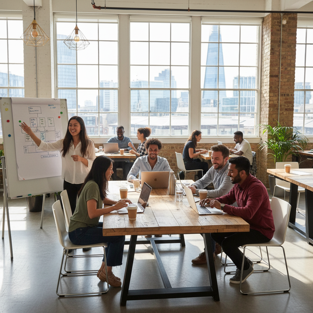 A diverse group of expat entrepreneurs happily collaborating in a modern co-working space in London, with laptops, whiteboards, and coffee cups. The lighting is bright and inviting, showcasing a bustling, innovative environment.