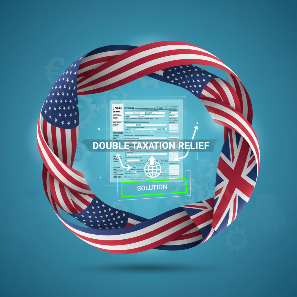 A stylized illustration of two national flags (USA and UK) intertwined, with a complex tax form overlayed, symbolizing the challenge and solution of double taxation for expats. The image should be clear, modern, and represent financial planning and international tax.