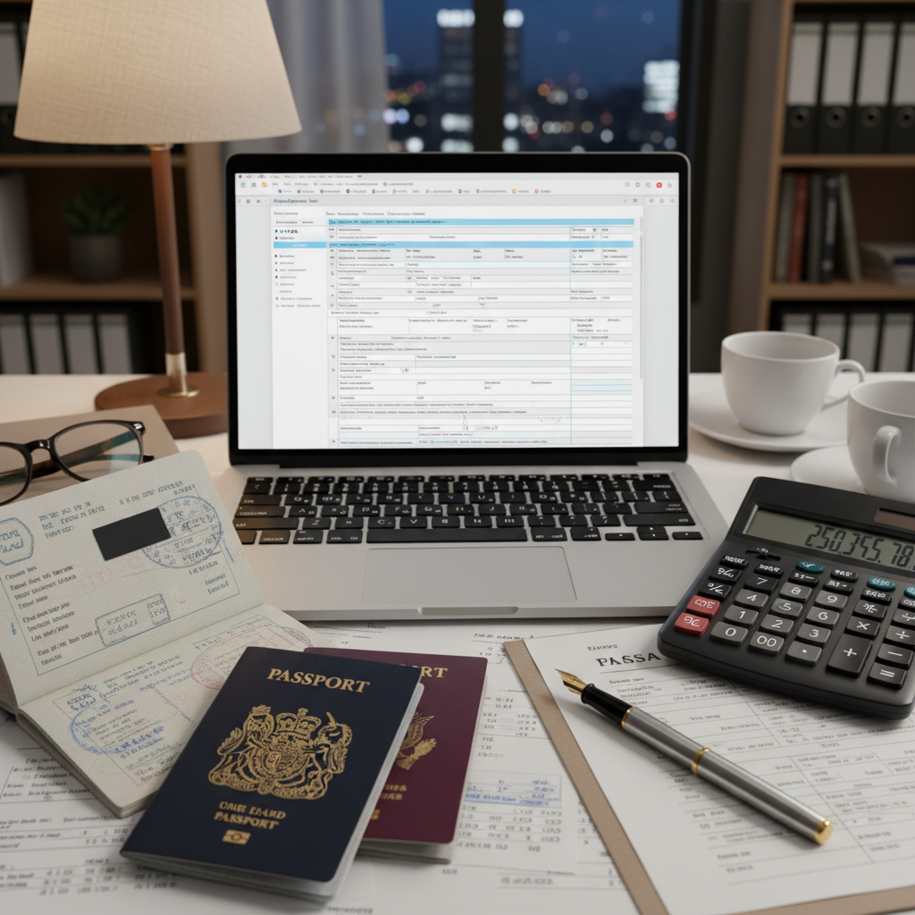 A busy desk scene with a laptop displaying tax forms, a UK passport, a US passport, a calculator, and a pen, representing the detailed work involved in managing expat taxes. The lighting should be soft and professional.