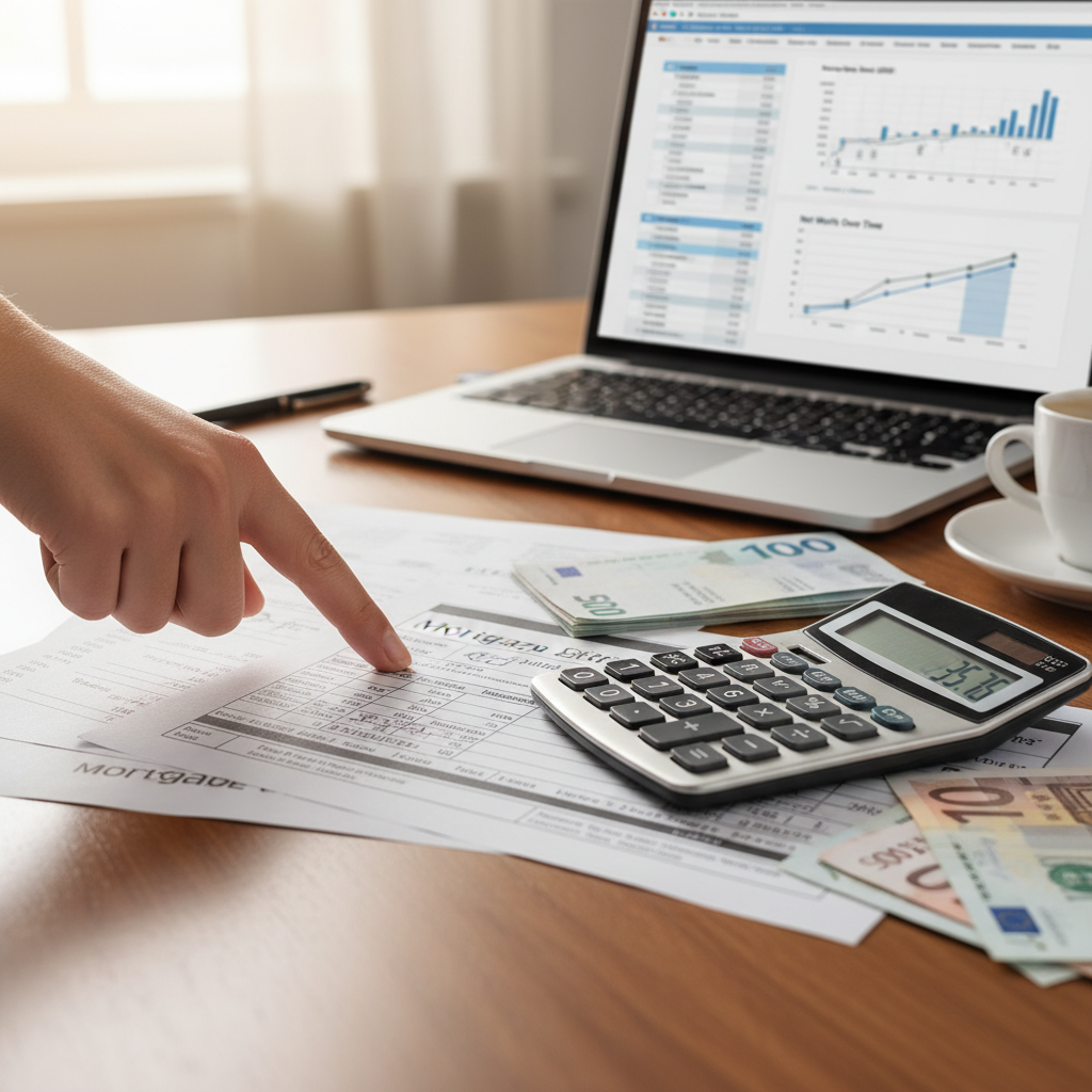 A close-up shot of a hand pointing at key financial documents and a calculator on a desk, with a laptop displaying a spreadsheet of property finances and currency exchange rates in the background. The scene conveys careful financial planning.