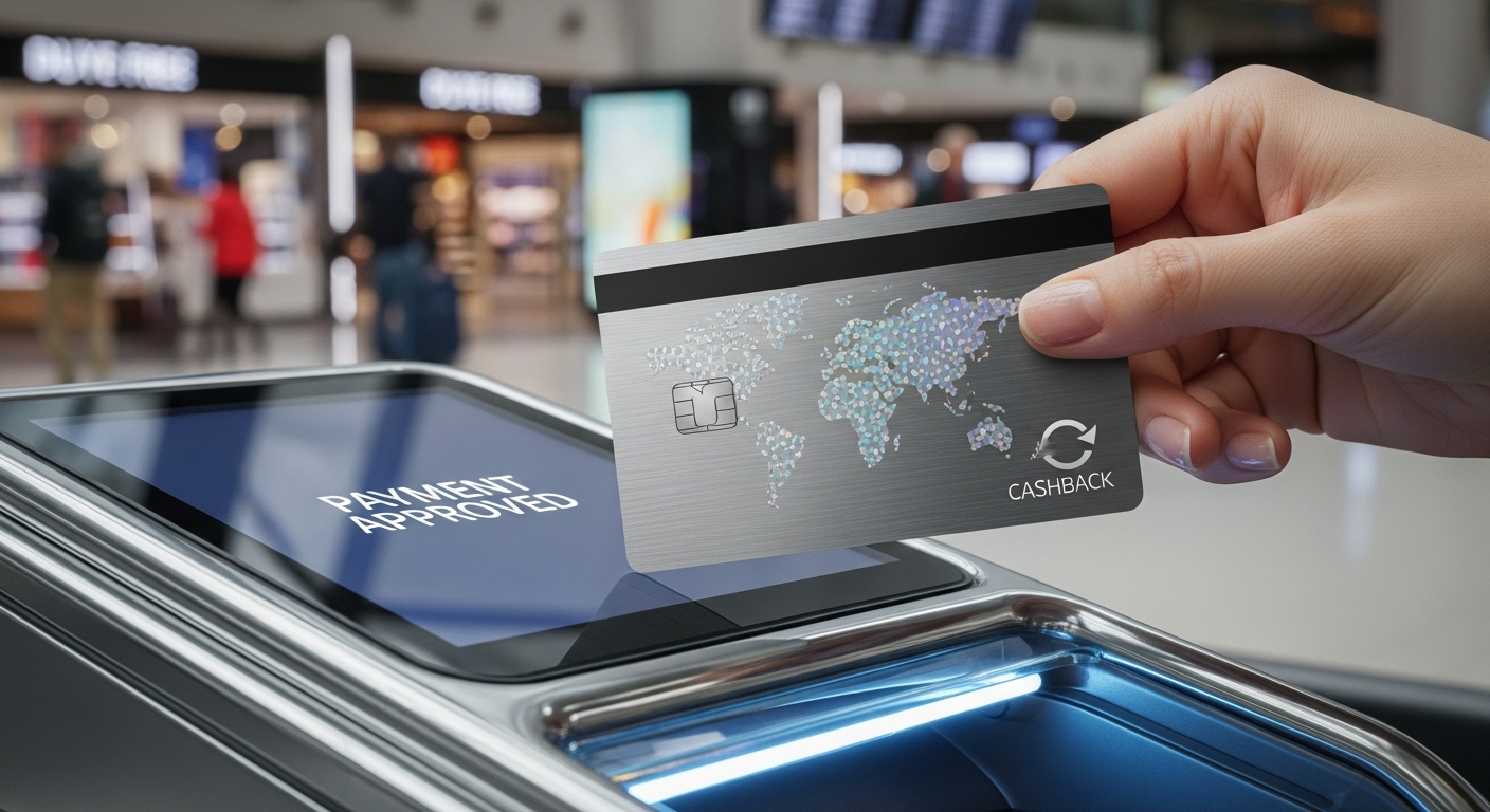 A close-up, photorealistic shot of a modern credit card with a world map hologram, held by a hand making a payment at a sleek, futuristic payment terminal in an international airport. The card design should subtly hint at cashback rewards.