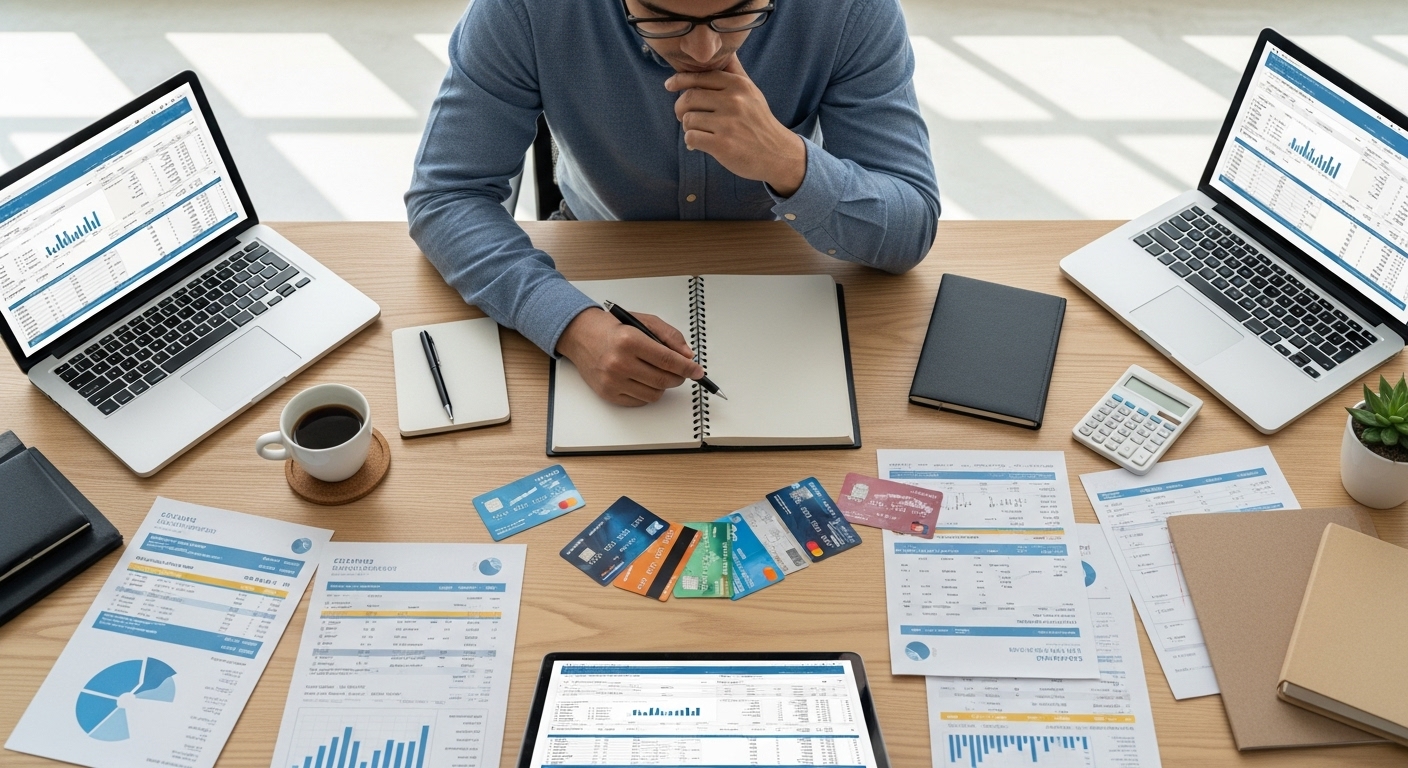 A photorealistic, high-angle shot of a person sitting at a modern desk, surrounded by open laptops and financial documents, thoughtfully comparing different credit cards laid out neatly. A cup of coffee and a pen are on the table, indicating a thoughtful decision-making process.