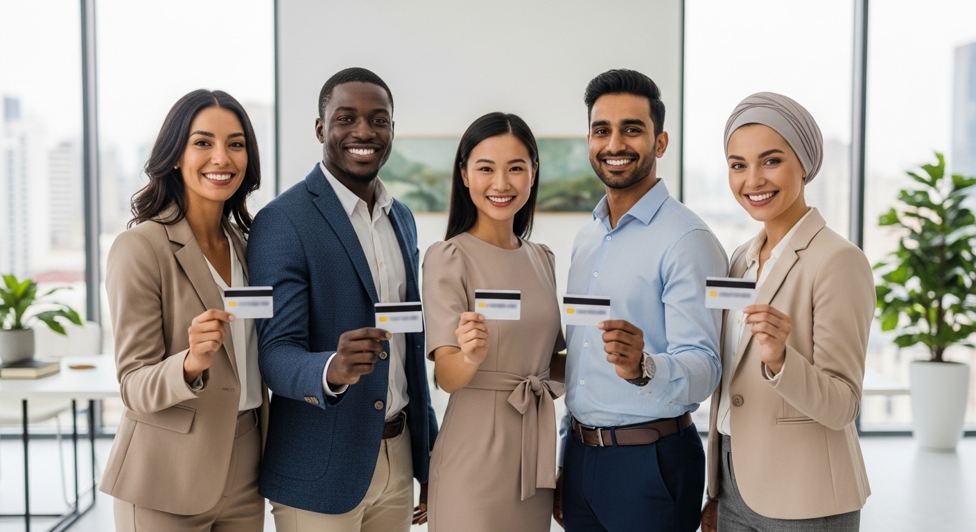 A diverse group of small business owners smiling, holding a credit card, with a modern, clean office background. The image should convey success and ease. Photorealistic.