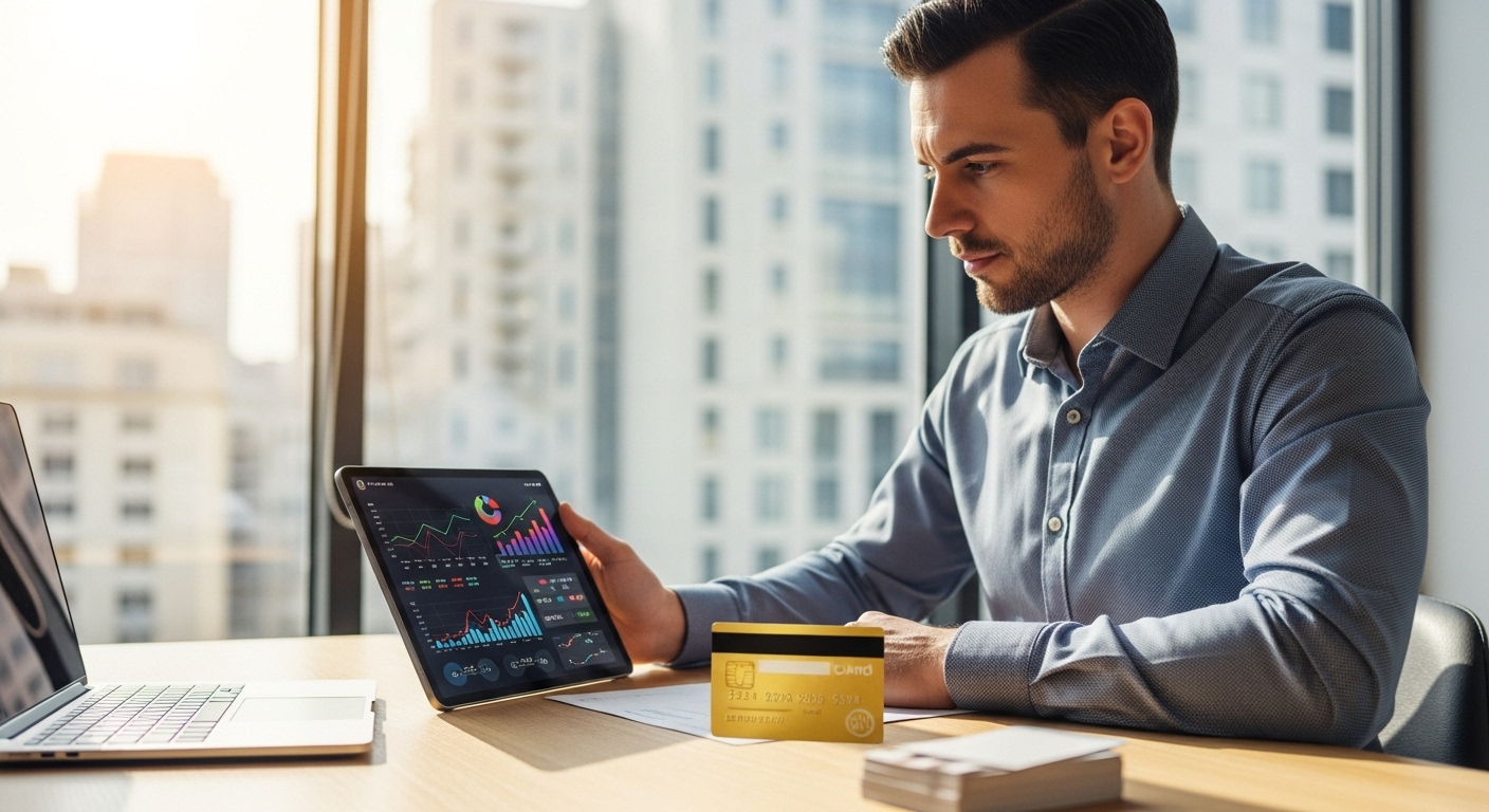 A small business owner at their desk looking at a tablet with financial data, a credit card visible on the desk, illustrating smart financial management. The setting is bright and professional. Photorealistic.