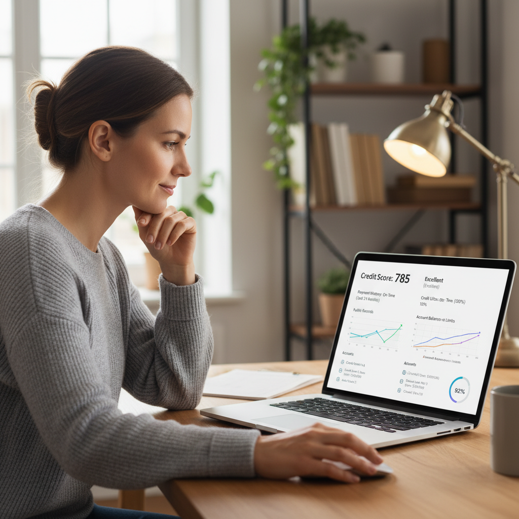 A person looking at a digital credit report on a laptop screen, with various financial data, graphs, and scores displayed. The screen should be clear and show different sections of a credit report with a modern interface. The person looks focused and a bit relaxed, perhaps sitting at a desk in a home office setting. Photorealistic style.