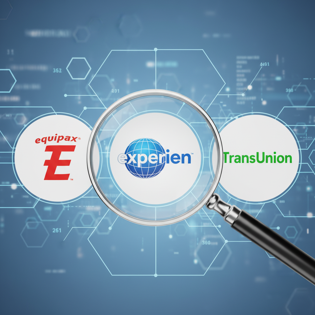 A vibrant graphic showing the logos of Equifax, Experian, and TransUnion prominently displayed side-by-side, with a transparent magnifying glass overlaying them, symbolizing detailed scrutiny. The background is a clean, modern digital interface related to finance or data. Photorealistic and clean design.