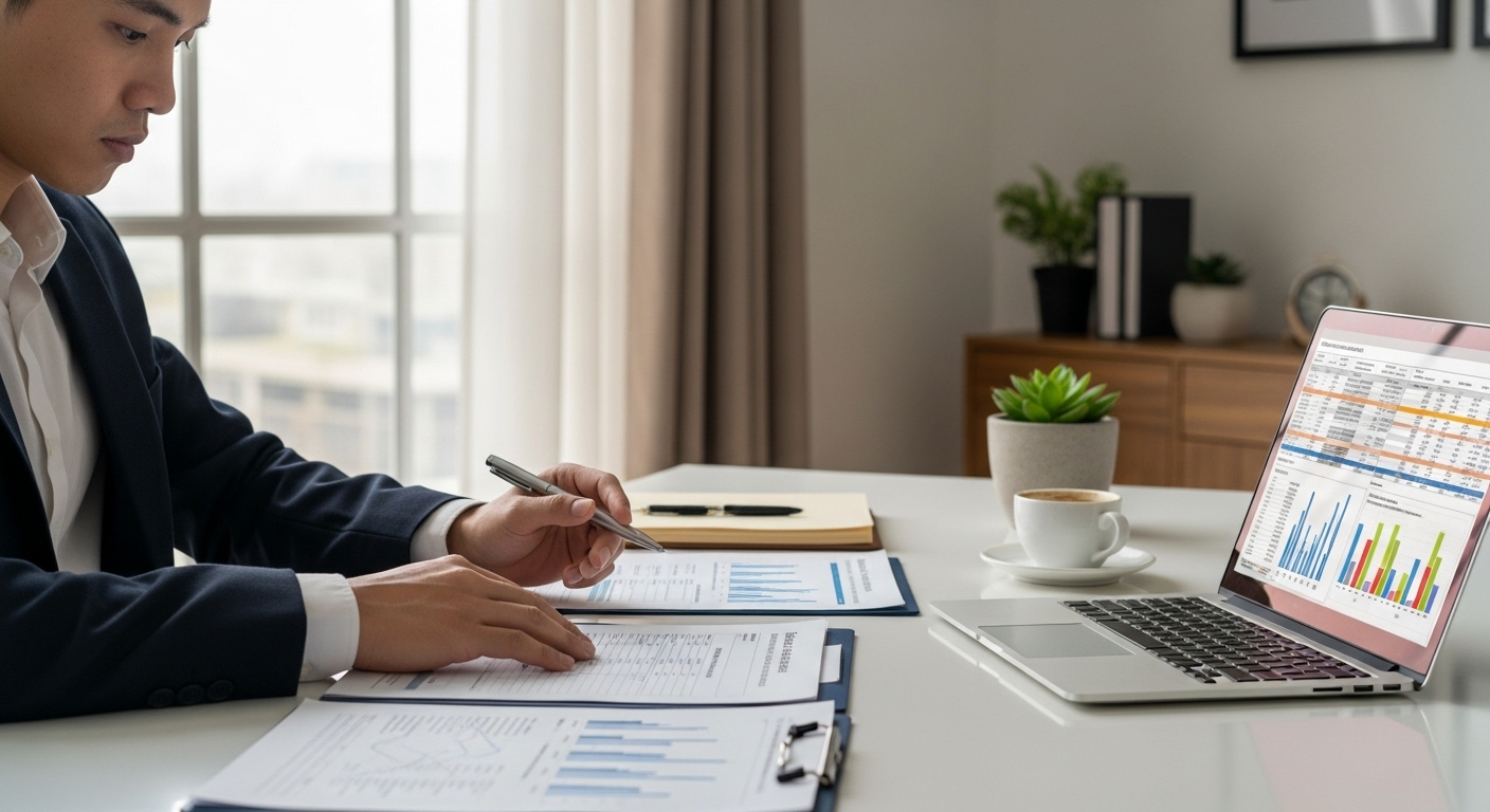 A person sitting at a desk with various financial statements, a laptop displaying a spreadsheet, and a pen, looking focused yet determined. The setting is modern and well-lit, emphasizing organization and financial planning. Photorealistic style.