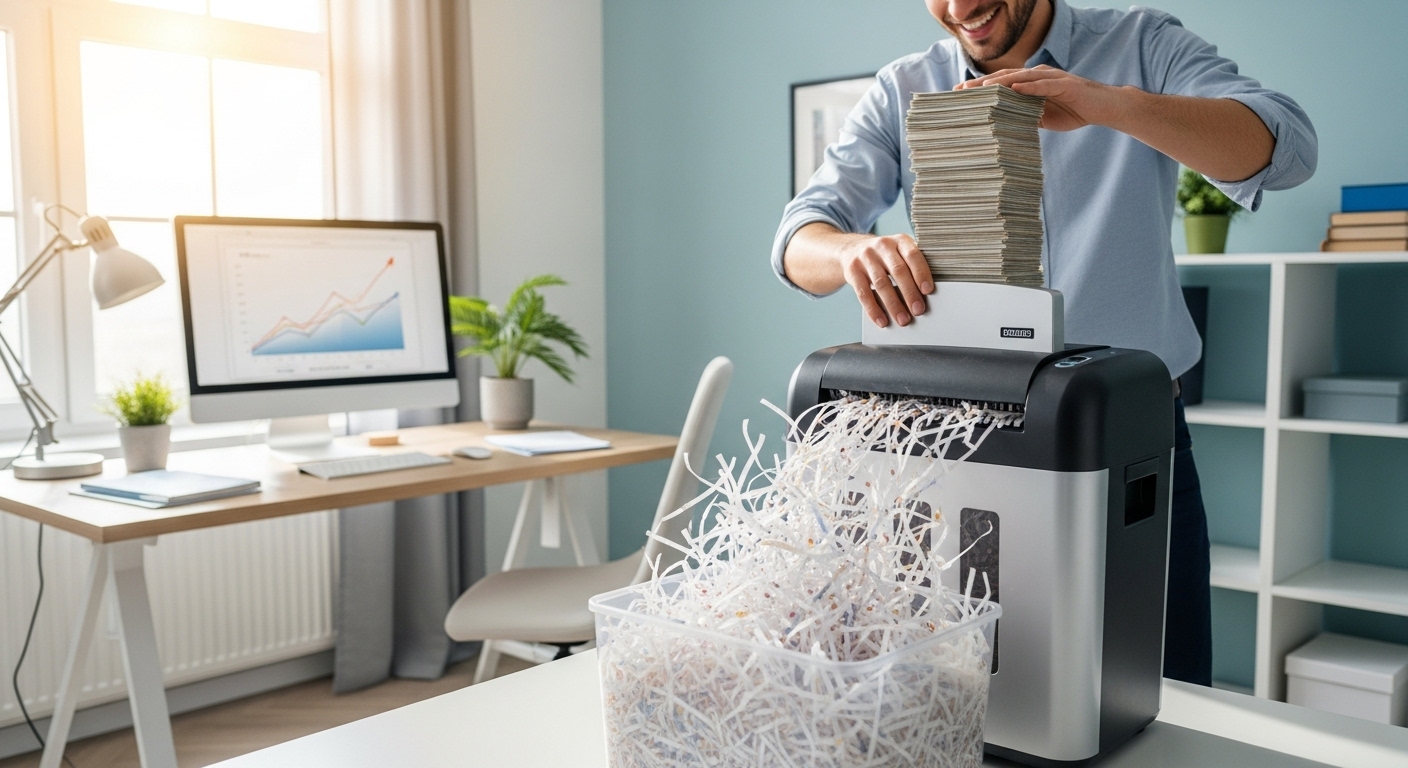 A person happily shredding a stack of paper bills into a shredder, symbolizing the end of debt and financial freedom. The background is bright and optimistic, showing a clean, modern home office. Photorealistic style.