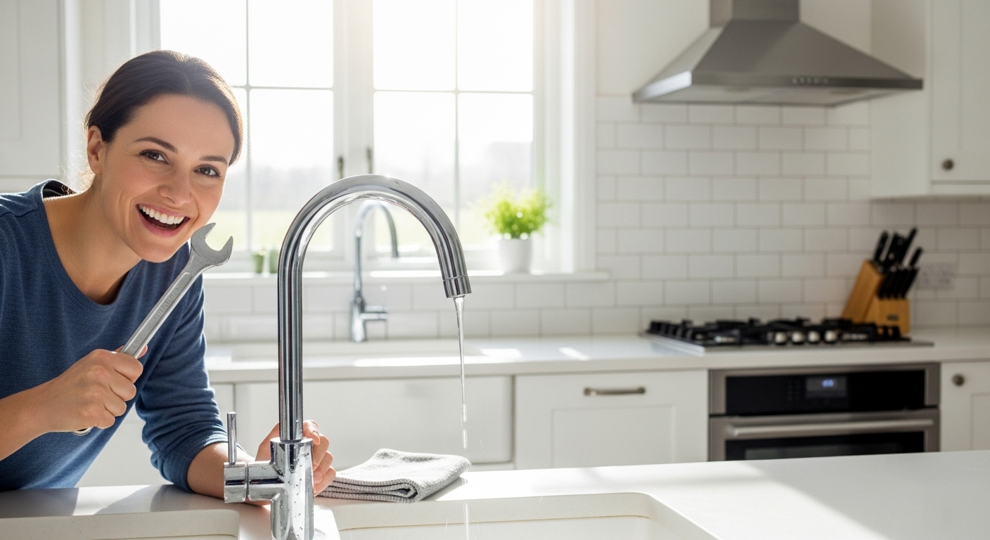A person smiling brightly, successfully fixing a small household problem like a leaky faucet with a wrench, in a bright, modern kitchen. The scene is clean and shows a sense of accomplishment.