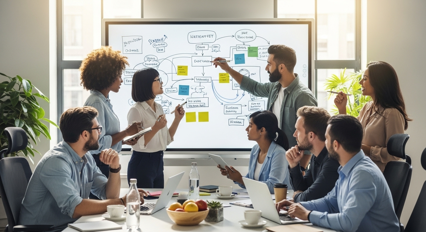 A diverse group of people collaborating happily around a whiteboard, drawing diagrams and writing notes, symbolizing successful brainstorming and problem-solving in a modern office environment. The atmosphere is energetic and collaborative.