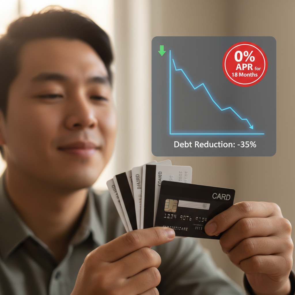 A diverse person, in their late 20s, looking relieved while consolidating multiple credit cards with high balances onto a single, new credit card with a prominent '0% APR' sticker. The background shows a blurry financial graph trending downwards, representing debt reduction. Photorealistic, soft lighting.
