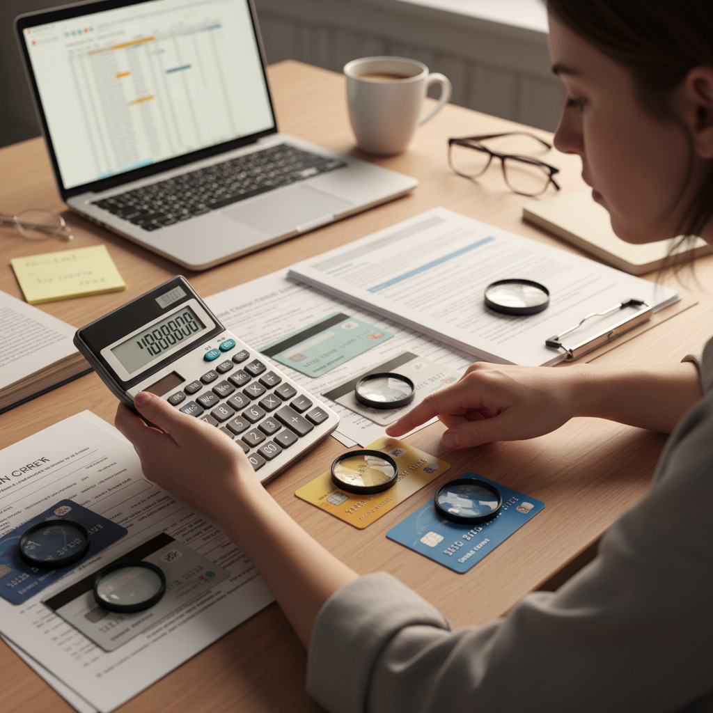 A person with a calculator and several credit cards spread on a table, meticulously comparing the terms and conditions of different balance transfer offers. The atmosphere is thoughtful and focused, with financial documents and a laptop in the background. Photorealistic, warm indoor lighting.