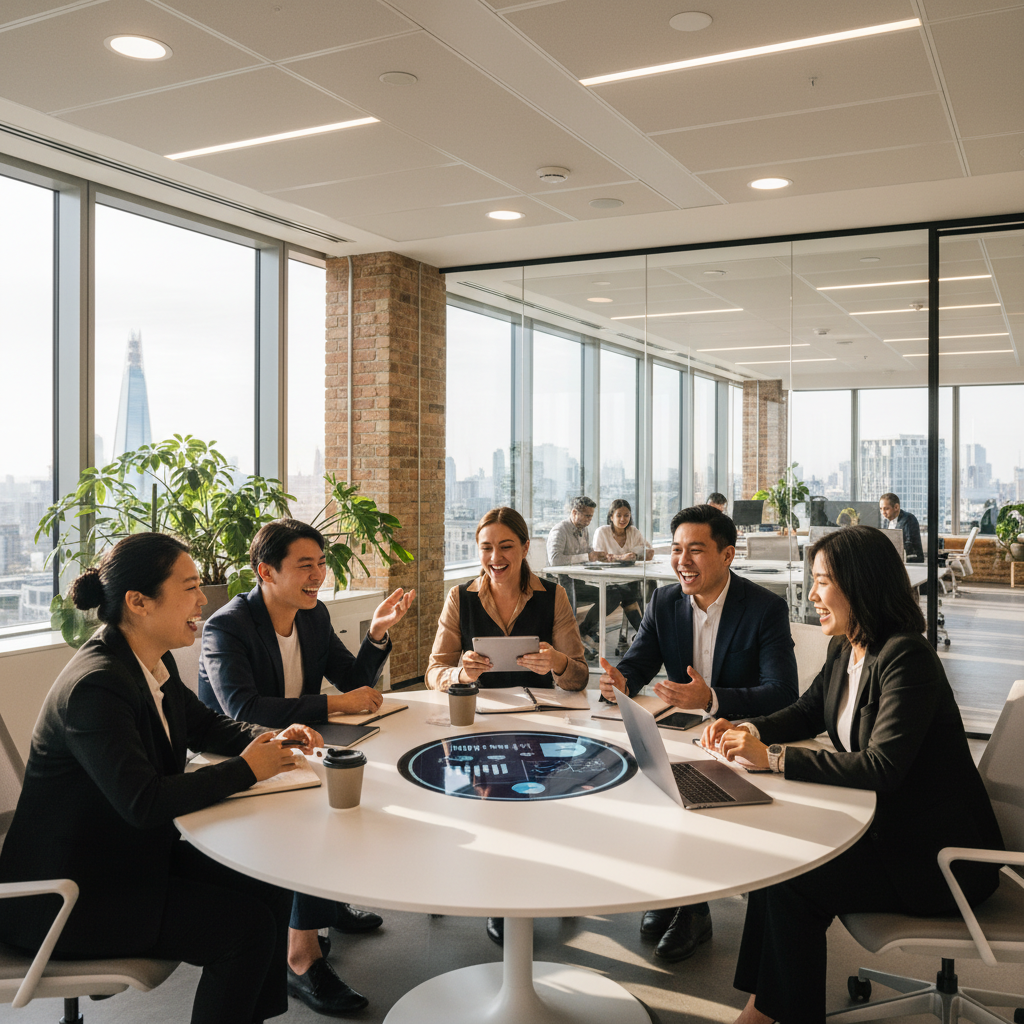 A diverse group of international business professionals in a modern, collaborative office setting in London, smiling and discussing a project. The scene is brightly lit, showcasing a vibrant business environment.