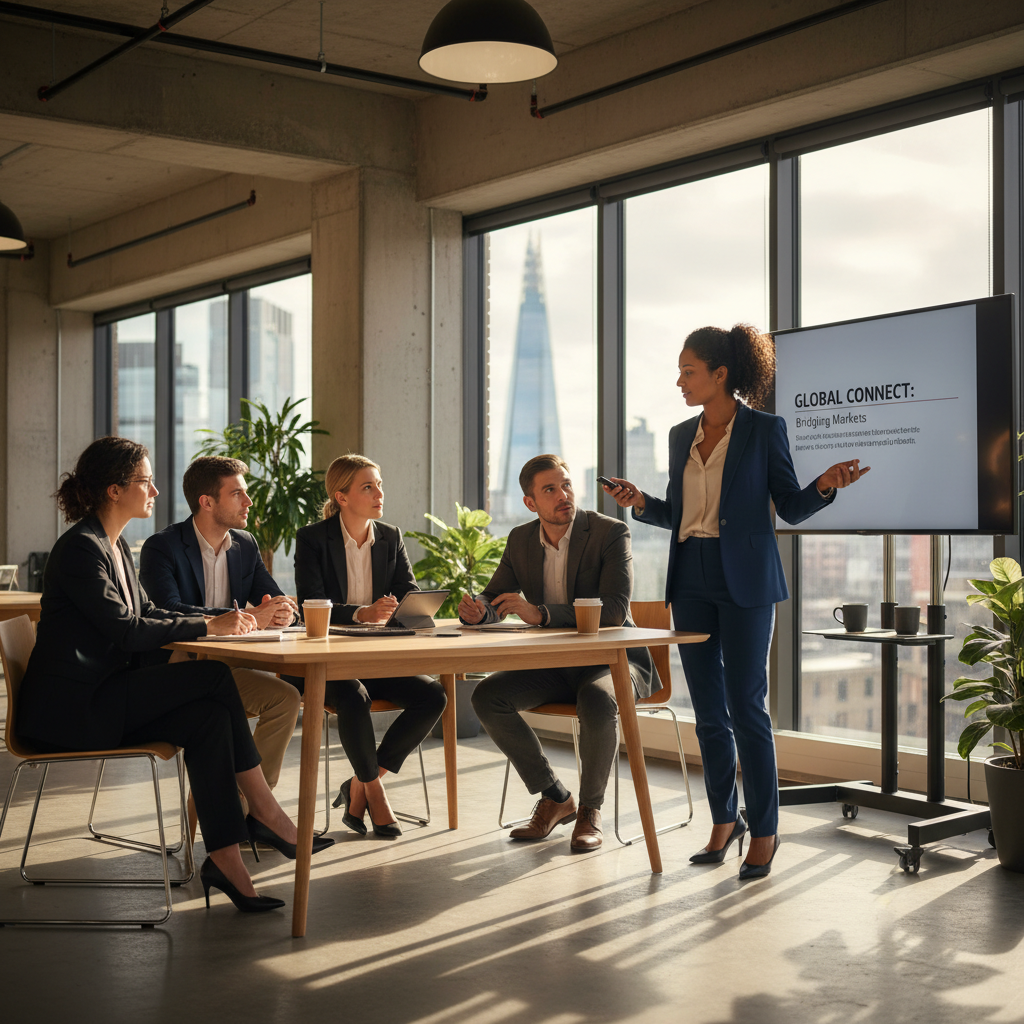 A professional expat entrepreneur, a woman in her 30s, confidently presenting her business idea to a small group of potential investors in a sleek, modern co-working space in the UK. Sunlight streams through a large window, illuminating the scene.